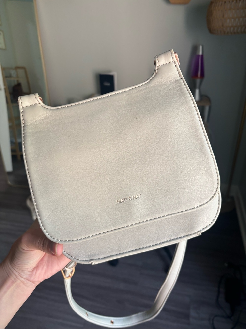 Matt & Nat Cream Crossbody Saddle Bag with Gold Hardware